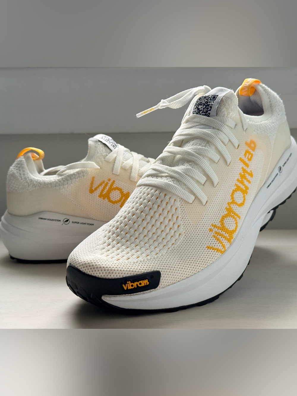 Vibram White Knit Sneakers with Yellow Pull Tab